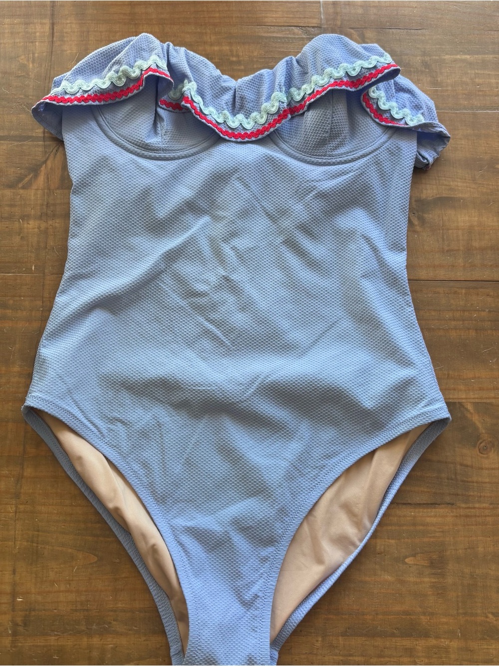 J. Crew Ruffle Underwire One-Piece Strapless Swimsuit-Blue-Rick Rack Trim-Size 6
